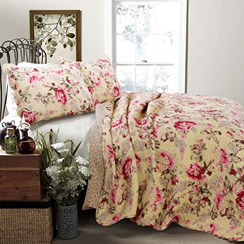 Cozy Line Home Fashions Lelia Pink Rose Blooming Floral Vintage Yellow 100% Cotton Reversible Quilt Bedding Set, Coverlet Bedspread (Rose Vivid, Queen - 3 Piece)