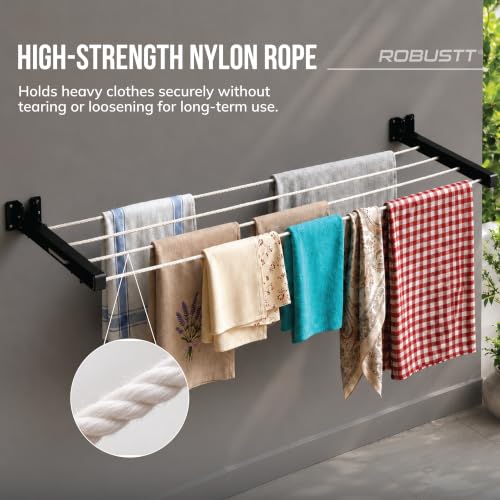 Image of Robustt Wall Mounted Clothes Drying Stand | 55 Ft Drying Space | Heavy-Duty Foldable Powder Coated Metal Arms Cloth Dryer Rack | Space Saving Laundry Hanger for Balcony, Bathroom, Terrace | Black