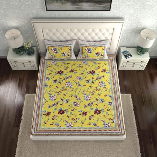 Image of La Verne 140 TC 100% Cotton King Size Jaipuri Rajasthani Print Bedsheet with 2 Pillow Covers (Light Yellow)