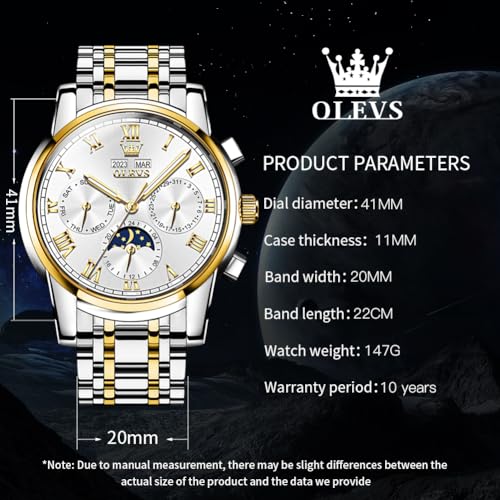 Image of OLEVS Mens Automatic Watch Mechanical Self Winding Luxury Business Dress Moon Phase Stainless Steel Calendar Wrist Watches for Men Waterproof Luminous