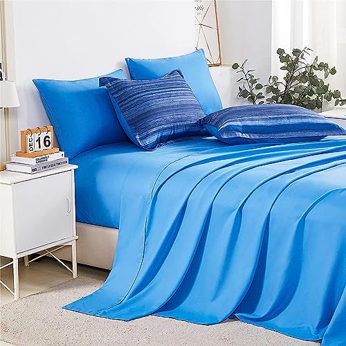 Image of KAKIJUMN 5 Piece Bed in a Bag Stripe Comforter Set Twin Size, White and Blue Patchwork Striped Comforter and Sheet Set, All Season Soft Microfiber Complete Bedding Sets(Blue,Twin)