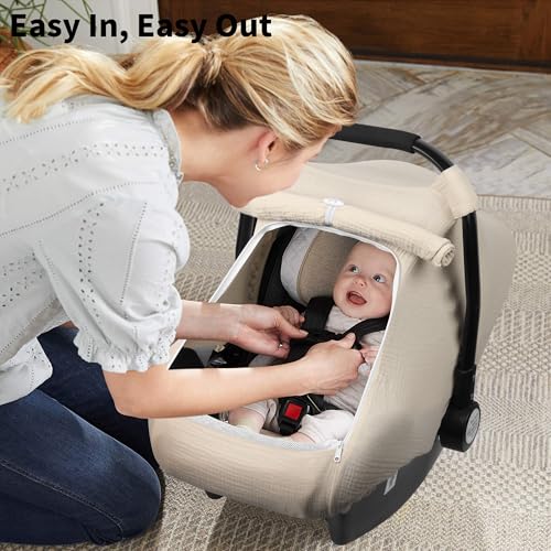 Image of Rquite Car Seat Cover Baby, Carseat Covers Girl Boy, Breathable Muslin Cotton, Large Mesh Window, Infant Car Seat Canopy Baby Carrier Cover Stroller Sun Shade for Summer & Hot Day, Beige