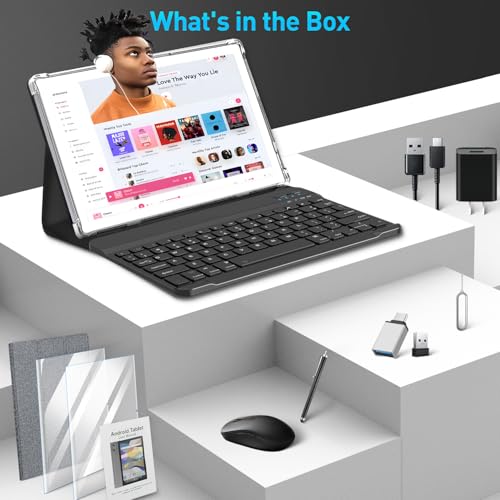 Image of Android 14 Tablet, 10 inch Tablets with Keyboard, Case, 64GB ROM, 8GB RAM(TF 1TB Expand), Octa-Core Processor, 13MP Dual Camera, WiFi 6, 1280x800 IPS HD Touch Screen, BT 5.0,GPS 7000mAh Battery-Silver