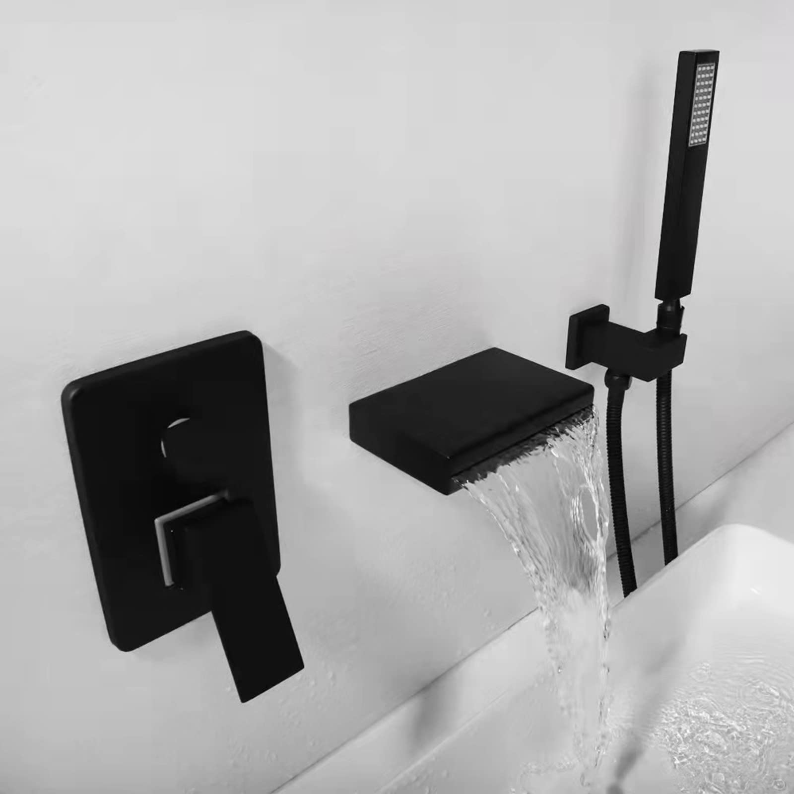 Grifo de bañera Grifo de baño en Cascada con Ducha de Mano Grifo Mezclador para bañera montado en la Pared Agua fría y Caliente Relleno de bañera en Cascada de latón,Negro