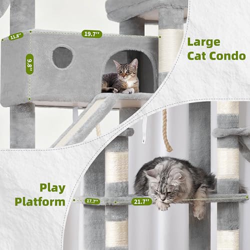 Image of Gitelsnour Tall Cat Tree Tower for for Multiple Cats, Large Condo, GCT031W | 78.7 inch(200cm) Multi-level Scratching Post for Indoor Large Adult, 2 Condo, 4 Platforms, 3 Hammock, Sisal Rope, Toys Light Gray