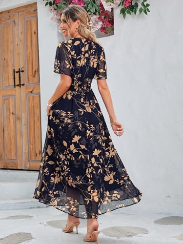 Image of Simplee Women's Boho Floral Maxi Dress Flowy Casual V Neck Short Sleeve Wedding Guest Holiday Beach Long Dress
