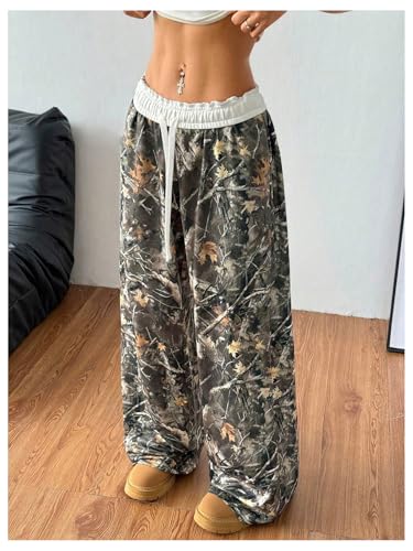 Women's Plus Size Camo Pants Wide Leg Baggy Sweatpants Y2k Drawstring Waist Streetwear Trousers4