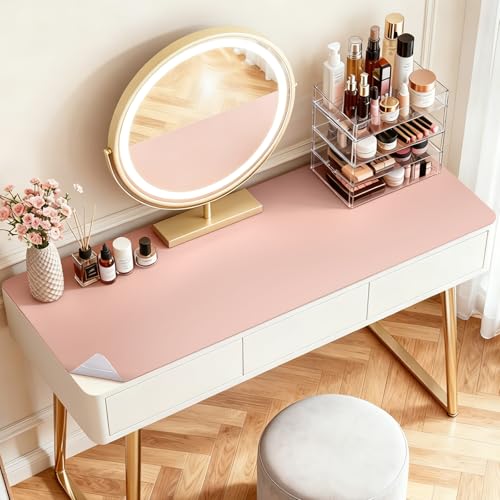 Image of LovePads Makeup Mat for Vanity, 16 x 32 Dual-Sided Desk Pad & Vanity Cover Top, Waterproof PVC Protector Mat for Dresser, Nail Art, Craft Tables (Pink+Silver)
