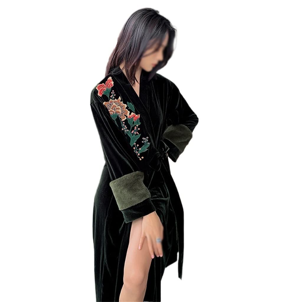 RWRAPS Pijama de Terciopelo Bordado para Mujer Kimono Bata Solapa Albornoz de Gran tamaño Camisón (D 1)