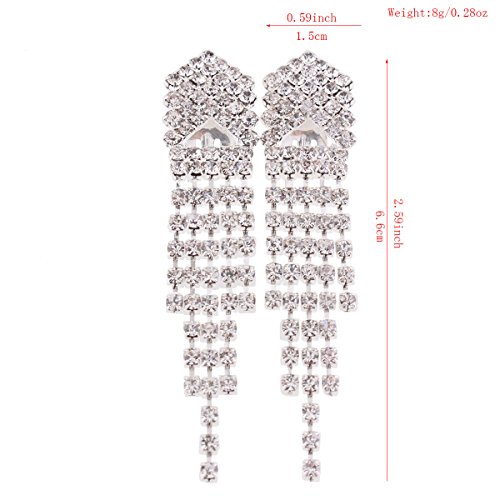 Grace Jun Bridal Silver Crystal 5 Strand Long Tassel Clip On Earrings For Women Fashion Dangle Earrings #TOP4