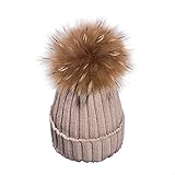  Yidarton Frauen Mädchen Strickmütze Pelzmütze Große Pelz Bommel Pom Pom Beanie Hüte Winter (Khaki)