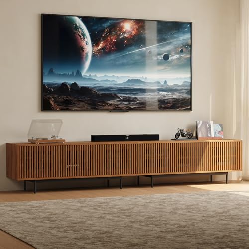 POVISON Fully Assembled Mid-Century Modern TV Stand with Slatted Doors, 118.11" Wood Media Console, TV Console with Tall-cast Metal Legs, Entertainment Center with Storage for Living Room