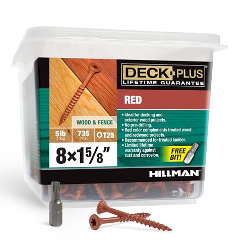 Image of Deck Plus 1-5 /8 Inch Epoxy Coated Exterior Wood and Fence Screws #8 x 1-5 /8 inch Torx /Star Drive Included Coarse Thread, Outdoor Rust Resistant Decking Screw, Red, 5lb Box, 186 Pieces | 48426