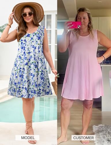 Image of JollieLovin Women Plus Size Curvy Summer Tank Sun Dresses Sleeveless Causal T-Shirt Dress Beach Swing Cover up(L-5X)