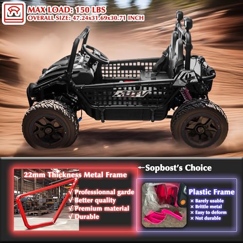 sopbost Premium 24V 2 Seater XXL Kids UTV Ride On Car with Remote Control 4WD Off Road Electric Vehicle Ride On Toy Car with EVA Tires Wheels, Metal Frame, Bluetooth (Black) - Image 4