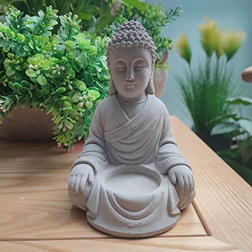 Kante 6.5" H Set Of 2 Cement Composite Sitting Buddha Statues Ornament, Natural Concrete Indoor/Outdoor Tabletop Décor #TOP1