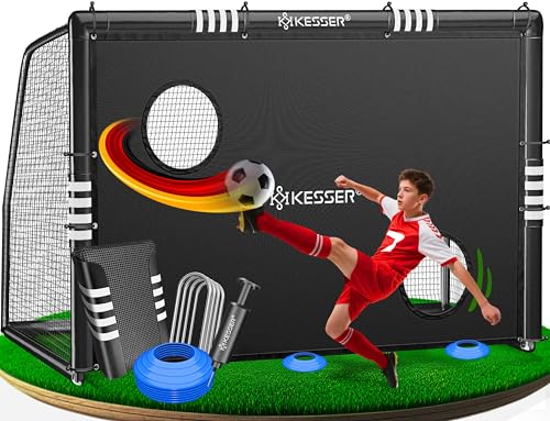KESSER® Fußballtor – Hochwertiges Fußballtor 240cm mit Torwand, Schusstraining UV-beständigem Netz, Stahlrahmen mit Polsterung, Erdhaken, Luftpumpe, Hüttchen, Montagezubehör für Kinder und Erwachsene KESSER® Fußballtor – Hochwertiges Fußballtor 240cm mit Torwand, Schusstraining UV-beständigem Netz, Stahlrahmen mit Polsterung, Erdhaken, Luftpumpe, Hüttchen, Montagezubehör für Kinder und Erwachsene