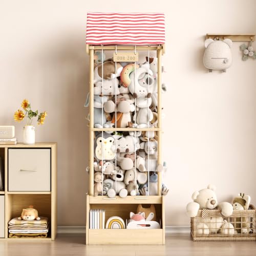 Image of Stuffed Animal Storage, Wooden Stuffed Animal Zoo with Toy Box and Triangular Ceilings, Vertical Stuffed Animal Holder with Thicker Elastic Band, Plushies Storage for Playroom, Nursery, Bedroom