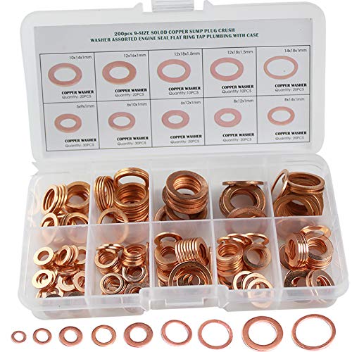 200 Pzs Arandelas Cobre,Plana Arandela de Cobre M5-M14 Kit de Surtido de Sellos de Anillo Plano para Tapones de Sumideros Agua Combustible y Accesorios Hidráulicos