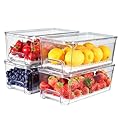 Brippo 4-Pack Refrigerator Drawer Organizer Bins, Clear Stackable Pull Out Fridge Organizers and Storage Container, with Strainer Layer for Fruits, Vegetables, Drinks, Snack and Food