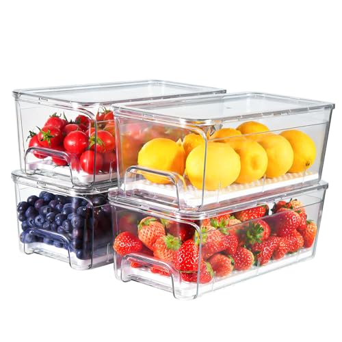 4-Pack Refrigerator Drawer Organizer Bins, Clear Stackable Pull Out Fridge Organizers and Storage Container, with Strain - Detailed View