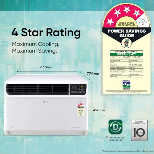 Image of LG 2 Ton 4 Star Wi-Fi DUAL Inverter Window AC (Copper, Convertible 4-in-1 cooling, HD Filter, TW-Q24WWYA, White)