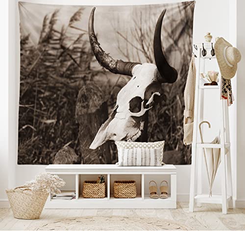 Ambesonne Western Tapestry, Photo Of A Bull Skull On A Stick Bushes Totem And Myth Inspired By Culture Style Of Artwork Print, Wall Hanging For Bedroom Living Room Dorm Decor, 40" X 60", Dark Brown #TOP1