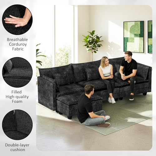 Image of LEVELEVE 112.5 inch L-Shape Modular Sofa with 1 Ottomans, Deep Seat Cloud Convertible Sleeper, 3 Throw 2 Arm Pillows, Comfortable Upholstered Furniture for Living Room Apartment, Black