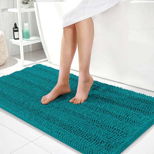 Image of OLANLY Thick Bathroom Runner Rugs 44x24, Extra Absorbent Chenille Striped Bath Rugs, Rubber Backing, Machine Wash Dry, Long Bath Mats for Bathroom, Tub and Shower, Home Decor Accessories, Deep Lake