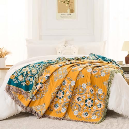 Image of XIBLC Boho Throw Blanket, 100% Cotton Ultra Soft Luxury Throw Rustic Quilt, Floral Printed Farmhouse Decor Bed Summer Blankets, All Season Rustic Reversible Bohemian Throw for Bed (90 inchx98 inch Yellow