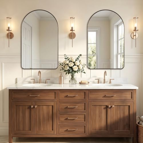 Image of ANDY STAR Brushed Champagne Bronze Arched Bathroom Mirror 22x35 Inch | Stainless Steel Metal Frame, HD Glass, Bathroom Vanity Mirror for Over Sink, Modern Design Wall Mounted, MDF Backboard