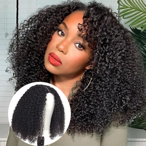 UNILO V Part Wig Human Hair Upgrade U Part Wig Human Hair Wigs for Women 180% Density Glueless V Part Wigs Human Hair No Leave Out Afro Curly V Shape Wigs Natural Color 20 Inch
