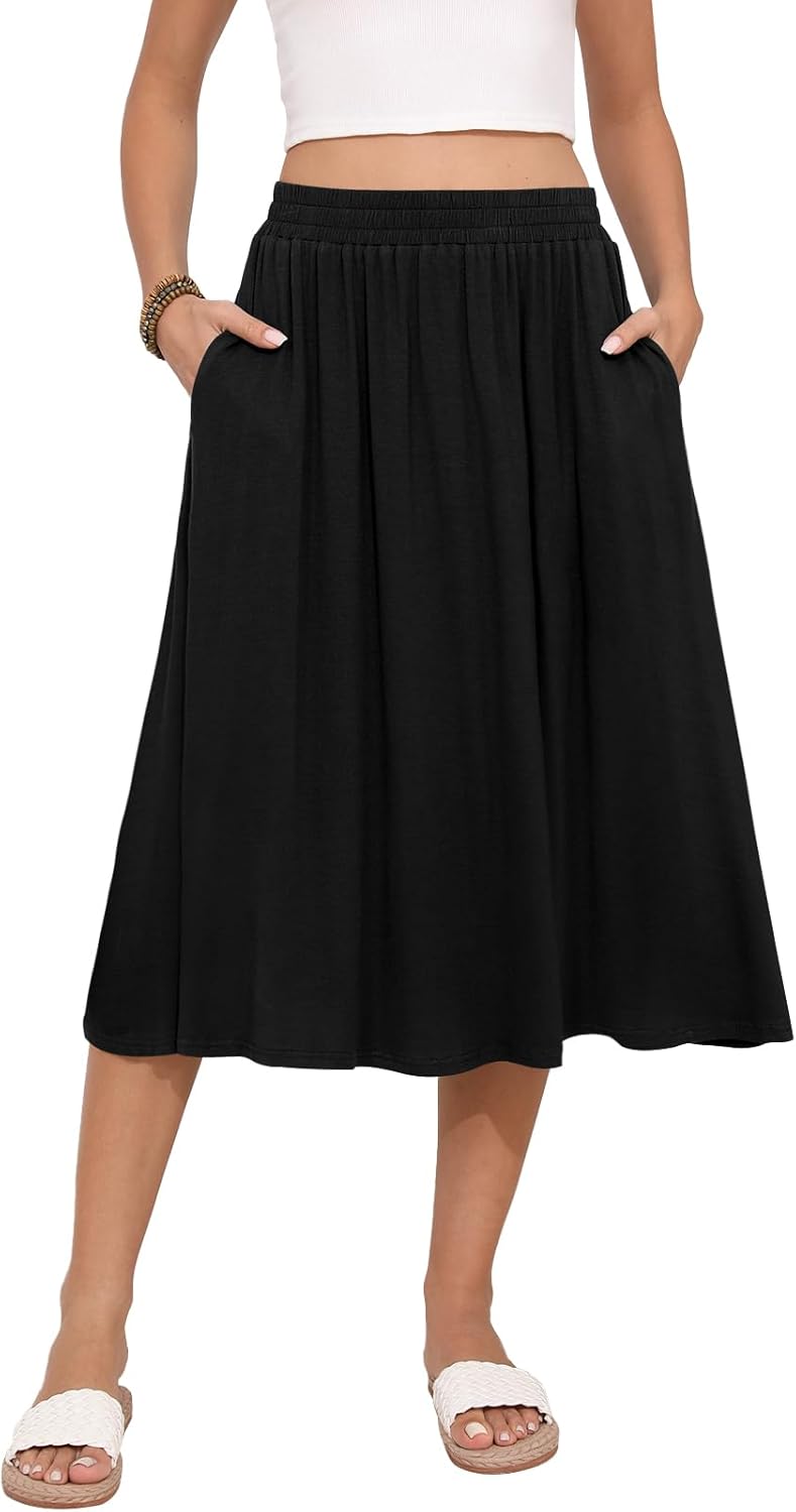 Women's Midi Skirt Summer Flowy Elastic High Waisted Casual Pleated Skirts with Pockets - Image 2