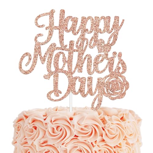 Happy Mother's Day Cake Topper - Rose Gold Glitter Cake Decorations I Love Mom Thanks Mom Home Celebrate Party Decor centerpiece Mothers Day Gift(DOUBLE-SIDED Paper)