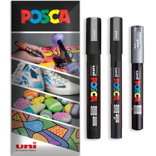 Posca - Rotulador permanente a base de agua, multiuso en superficies, PC-1M, PC-3M, PC-5M, paquete de 3 bolígrafos en cartera (plateado)
