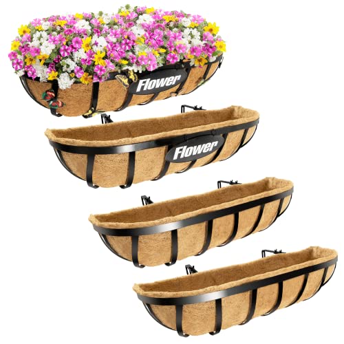 Y&M 4Pcs 24 Inch Window Deck With Coco Liner, 24" Window Boxes Horse Trough With Coconut Coir Liner, Black Metal Hanging Flower Planter Window Basket Deck Railing Planter Boxes For Outdoor Indoor #TOP16