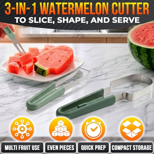 Image of 3-in-1 Watermelon Slicer Tool - Stainless Steel Portable, Mess-Free Multi-Use Kitchen Gadget for Summer Picnic, BBQ, Pool Party, Family Hosting, Hostess Gift Idea - Watermelon Cutter Slicer Tool Kit