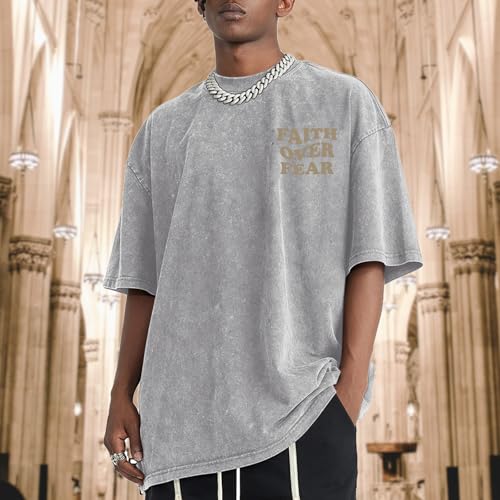 Image of Christian Shirts for Men Faith Over Fear Oversized Shirt Acid Wash Tshirt Graphic Religious T Shirt Bible Verse Tees