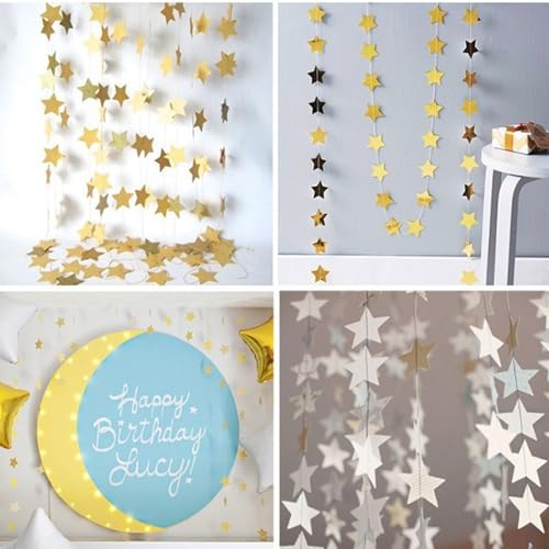 5 Stück Sternengirlande Gold, Papiergirlande mit Goldenem Reflective, Stern Papier Girlande Deko, Zum Aufhängen, Dekoration für Hochzeit, Geburtstag, Weihnachten, Festival, Party (Gold)