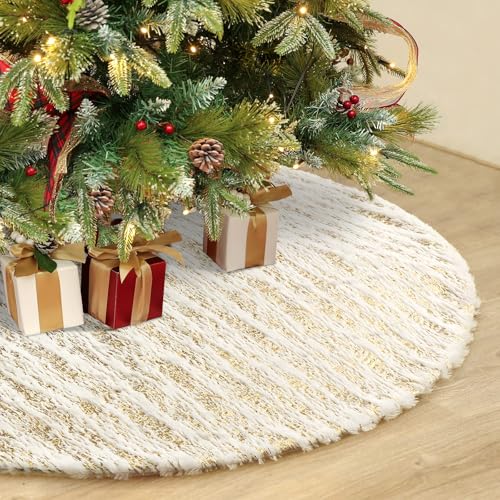 Jupe de sapin de Noël blanche et dorée tapis peluche douce déco hiver 90cm