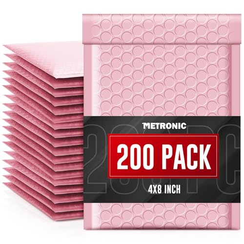 Image of METRONIC Bubble Mailers 4x8 200 Pack Light Pink Waterproof Padded Mailers | Usable Size 4x7 Self Seal Padded Envelopes for Small Business Packaging Bubble Envelopes for Jewelry, Shipping Supplies