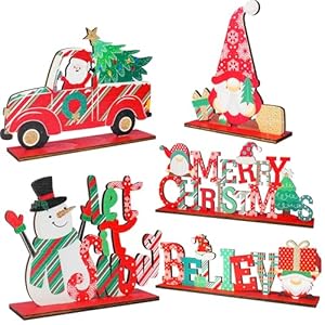 NEROSUN 5 PCS Christmas Table Centerpiece Decorations, Wooden Xmas Snowman Santa Claus Gnome Table Decorations Signs, Merry Christmas Table Toppers for Holiday Home Party Indoor Decor (Red) NEROSUN 5 PCS Christmas Table Centerpiece Decorations Wooden Xmas Snowman Santa Claus Gnome Table Decorations Signs Merry Christmas Table Toppers for Holiday Home Party Indoor Decor Red