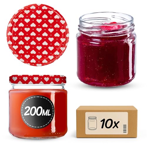 KADAX Tarros Pequeños de 200 ml, Botes de Cristal con Tapa Hermética de 66 mm para Miel, Conservas, Especias y Mermeladas (10 Unidades, Corazones)