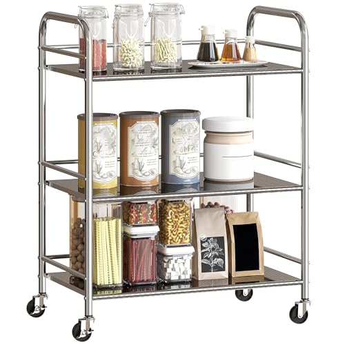HOMCOM Carrito Auxiliar con Ruedas de Acero Inoxidable, Carro de Servicio de 3 Niveles con Estante Ajustable, 4 Ruedas, Carrito para Cocina, Restaurante, 60x35x77 cm, Plata