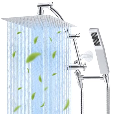 Hibbent All Metal 10'' Rainfall Shower Head, Square Shower Head Combo, High Pressure Handheld Shower Wand, 16'' Adjustable Arc-shaped Shower Extension Arm, 71'' Hose, 2 Showerhead Holders, Chrome