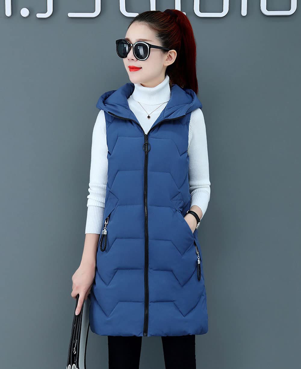 Gilet in Piumino Donna Gilet Trapuntato Autunno Invernali Smanicato Piumino Canottiera Mode Leggermente Imbottito Giacca con Cappuccio Gilet con Tasche Casual con Cerniera Outerwear,Blu,M
