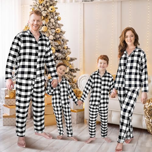 Hillban Family Matching Winter Pajamas Set Black White Plaid Buffalo Pajamas Couple Long Sleeve Pjs Cotton for Adult Youth3