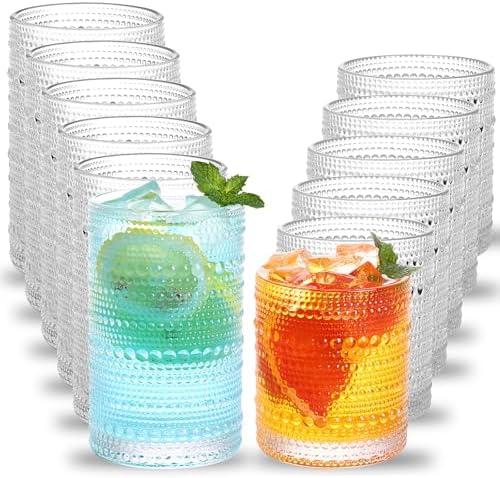 Moretoes Hobnail Drinking Glasses Set of 12, 12 Oz Highball Glasses & 10 Oz Cocktail Glasses, Clear Embossed Boho Glass Cups Kitchen Bar Tumbler Glass