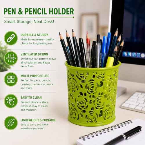 Image of Metal Mesh Pen Stand for Office & Home Desk | Black Stationery Holder Organizer for Pens, Pencils, Markers, Makeup Brushes | Durable Round Wire Mesh Pen Stand (Pack of 1) (Floral Green)