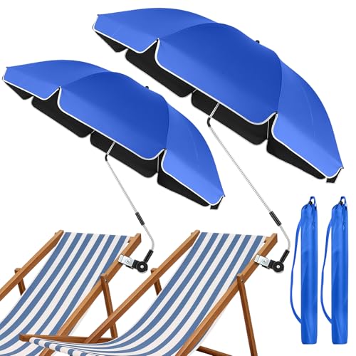 2PCS Sombrilla Playa para Silla con Abrazadera Universal, Paraguas para Silla Ajustable 360°, Protección UV SPF 50+, Paraguas Portátil con Clip para Sillas de Playa, Cochecito y Carrito de Golf